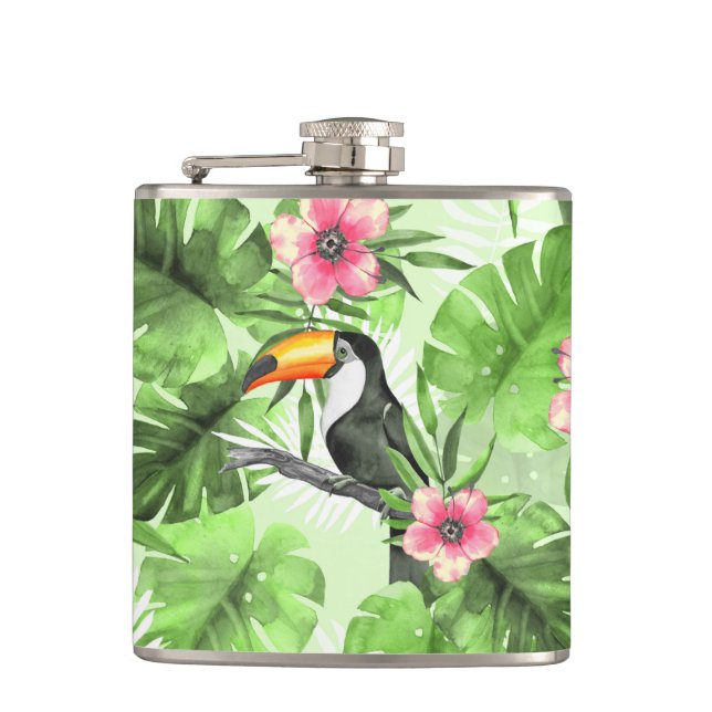 Tropical pattern with toucan hip flask (Front)
