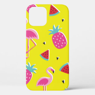 tropical patternwith pink pineapple, flamingos, w iPhone 12 case