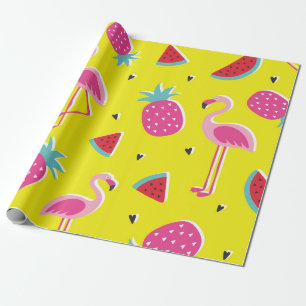  tropical patternwith pink pineapple, flamingos, w wrapping paper