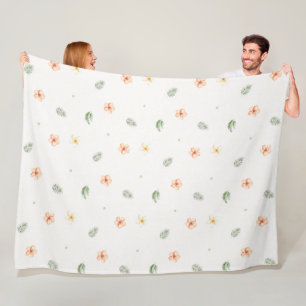 Tropical Peach Cream Hibiscus Flowers  Fleece Blanket