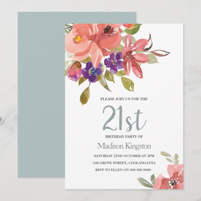 Tropical Peach Flowers 21st Birthday Party Invite (Front/Back)