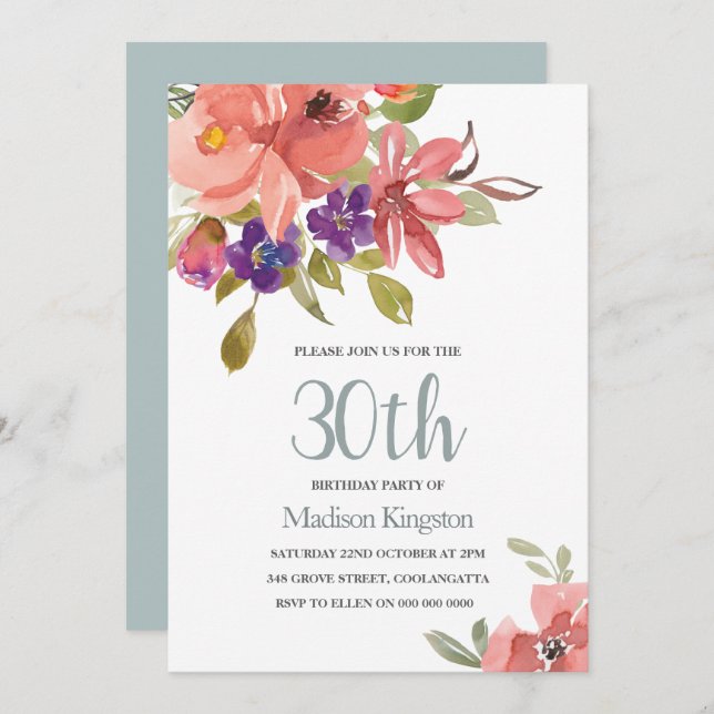 Tropical Peach Flowers 30th Birthday Party Invite (Front/Back)