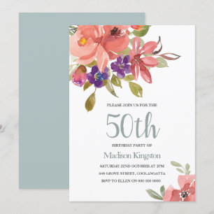 Tropical Peach Flowers 50th Birthday Party Invite