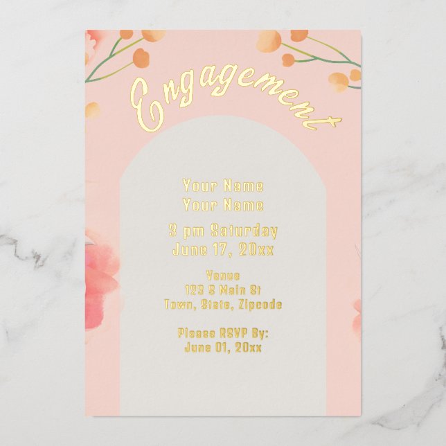 Tropical Peach Flowers Engagement Foil Invitation (Front)