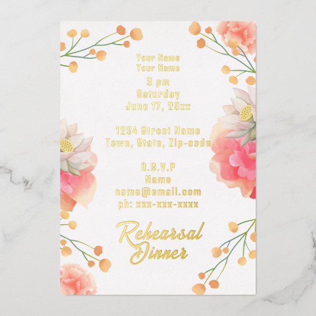 Tropical Peach Flowers Rehearsal Dinner (Front)