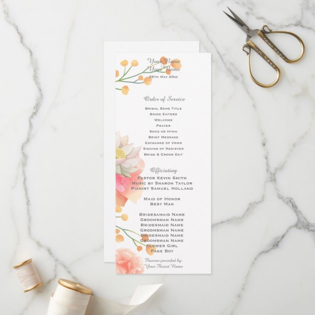 Tropical Peach Flowers Wedding Program (Front/Back In Situ)