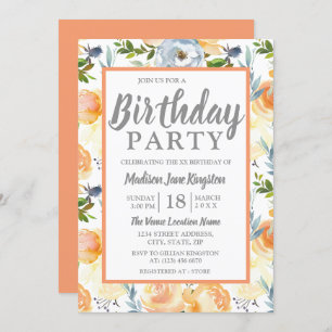 Tropical Peach Grey Summer Spring Birthday Party Invitation