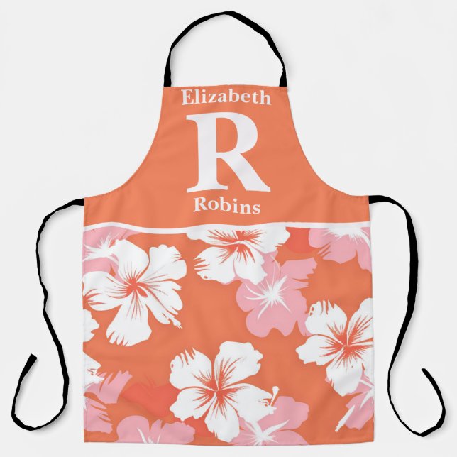 Tropical peach hibiscus personalised  apron (Front)