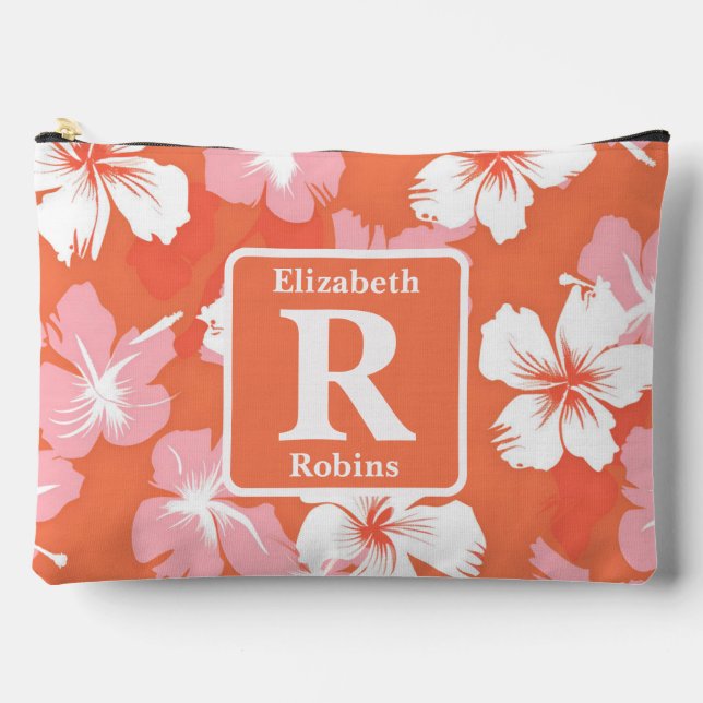 Tropical peach hibiscus personalised Monogram  Accessory Pouch (Front)