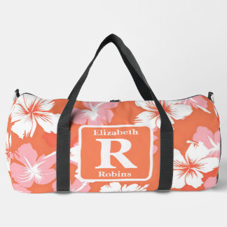 Tropical peach hibiscus personalised Monogram Duffle Bag