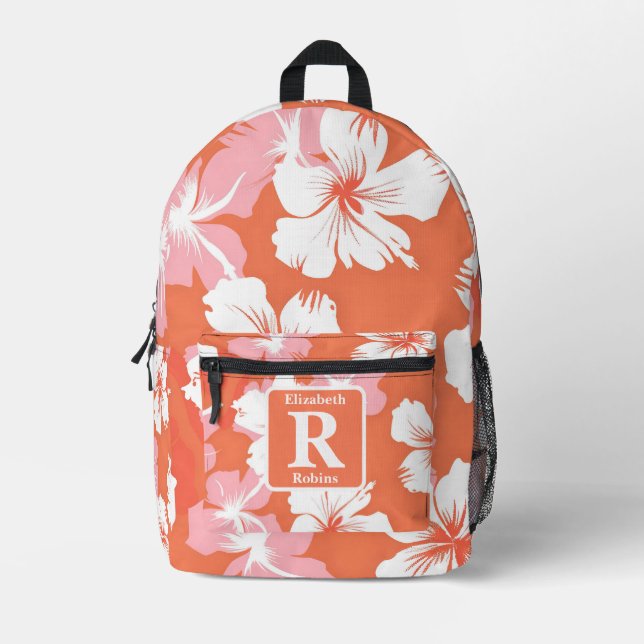 Tropical peach hibiscus personalised Monogram  Printed Backpack (Front)