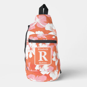 Tropical peach hibiscus personalised Monogram  Sling Bag