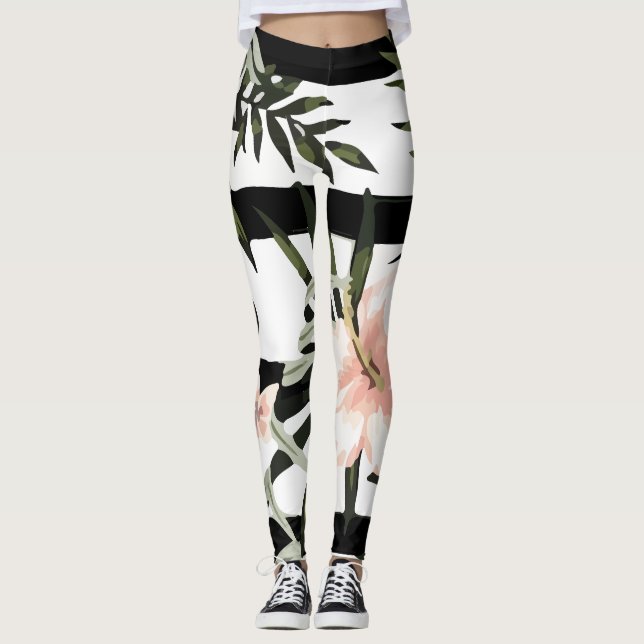 Tropical Peach Hibiscus Plumeria Floral Leggings (Front)