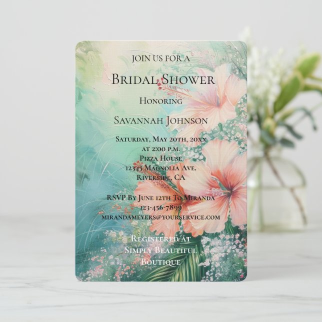 Tropical Peach White Hibiscus Floral Bridal Shower Invitation (Standing Front)