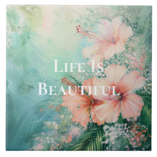 Tropical Peach White Hibiscus Floral Ceramic Tile