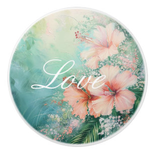 Tropical Peach White Hibiscus Floral Love  Ceramic Knob