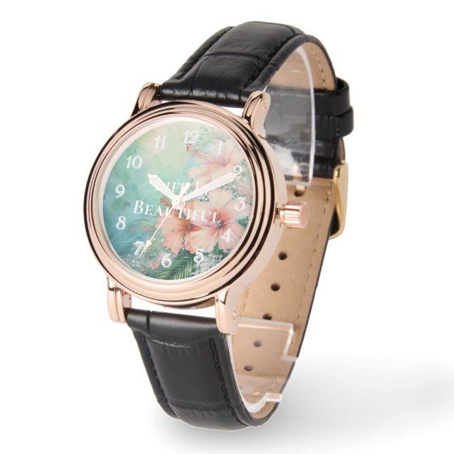 Tropical Peach White Hibiscus Floral Watch (Angle)