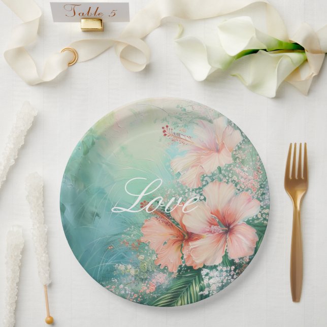 Tropical Peach White Hibiscus Floral Wedding Paper Plate (Wedding)