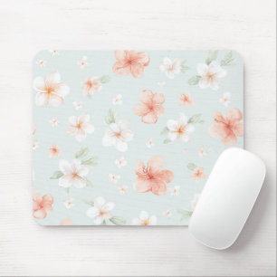 Tropical Peach White Hibiscus Flowers Mouse Pad