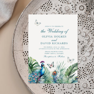 Tropical Peacock Feathers Butterflies Wedding Invitation
