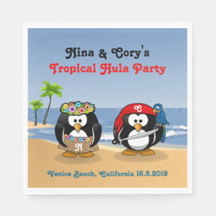Tropical Penguins Couple Hula Pirate Island Beach Napkin