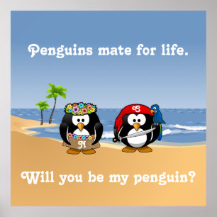 Tropical Penguins Couple Hula Pirate Island Beach Poster