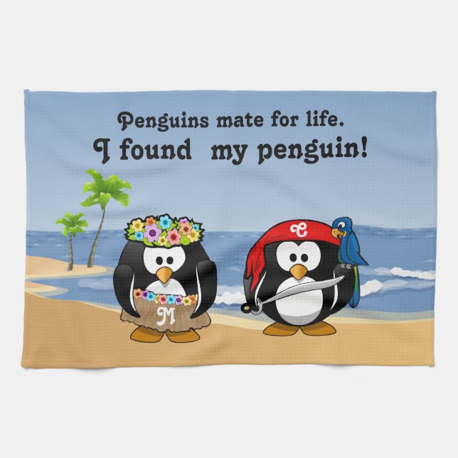 Tropical Penguins Couple Hula Pirate Island Beach Tea Towel (Horizontal)