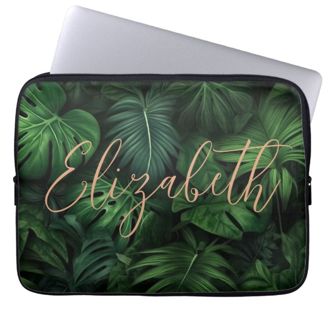 Tropical Personalised Monstera Gold Script Name Laptop Sleeve (Front)