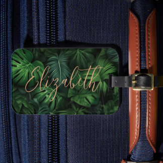 Tropical Personalised Monstera Gold Script Name Luggage Tag