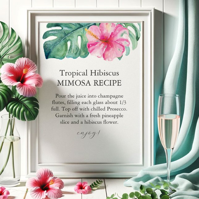 Tropical Petals and Prosecco Mimosa Sign (Custom petals and prosecco sign tropical pink hibiscus flower art by Victoria Grigaliunas)