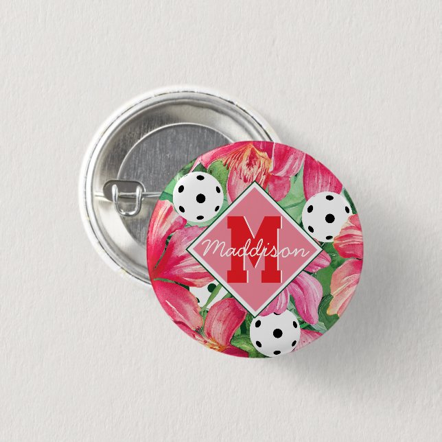 🌺🌴Tropical pickleball with hibiscus, with name 3 Cm Round Badge (Front & Back)