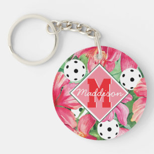 🌺🌴Tropical pickleball with hibiscus, with name Key Ring