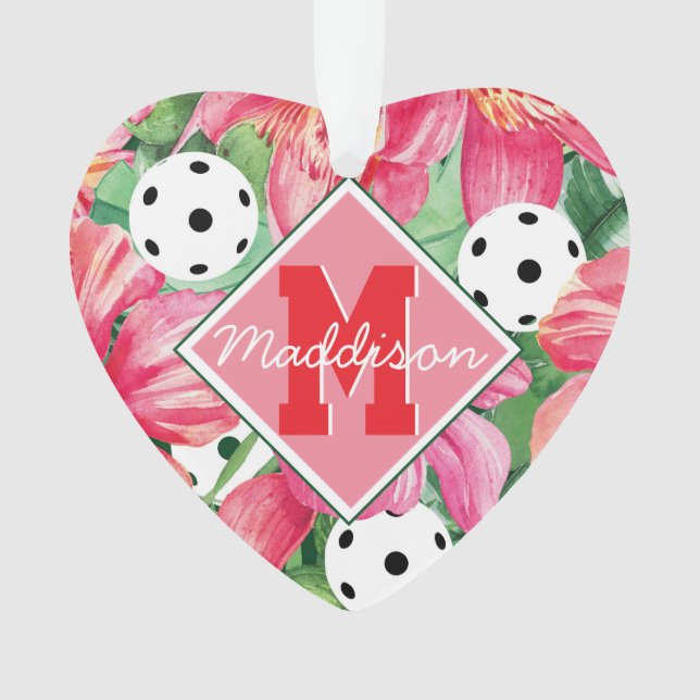 🌺🌴Tropical pickleball with hibiscus, with text  Ornament (Front)