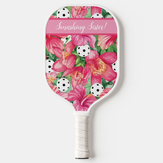 🌺🌴Tropical pickleball with hibiscus, with text  Paddle (Front)