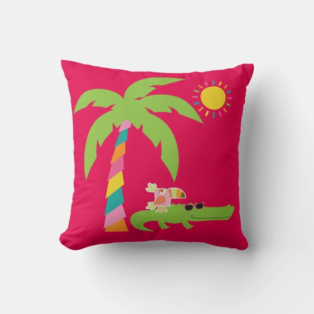 Tropical pillow with Alligator, Flamingo, Toucan (Front)