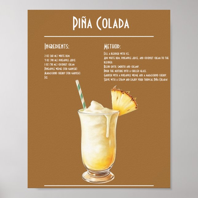 Tropical Piña Colada Recipe Bar Poster (Front)