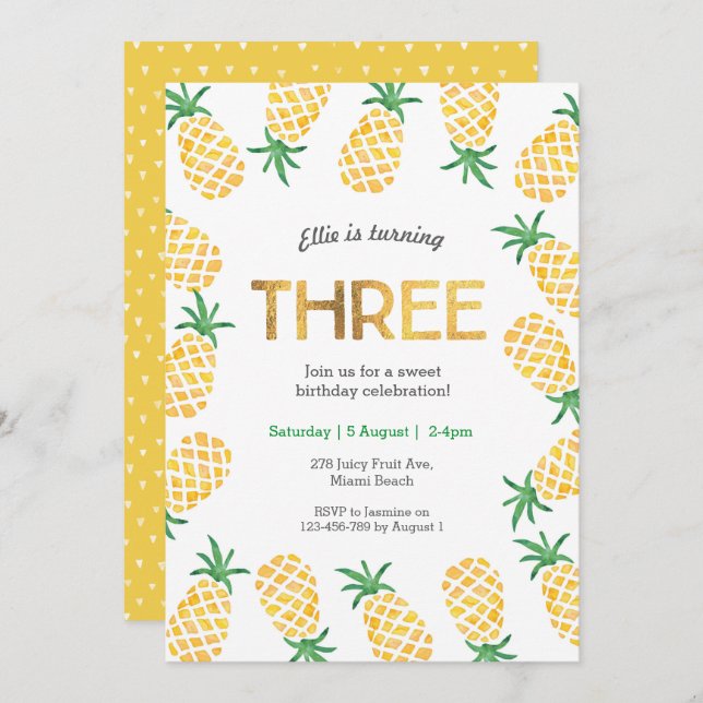 Tropical pineapple 3rd Birthday Invitation (Front/Back)
