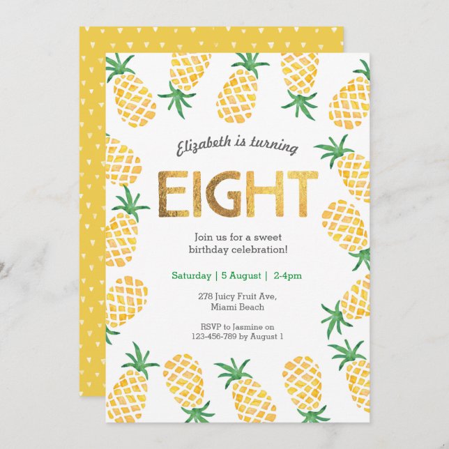 Tropical pineapple 8th Birthday Invitation (Front/Back)
