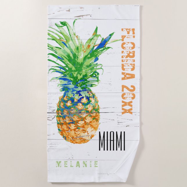 Tropical Pineapple Add Name, Year and Location Beach Towel (Front)