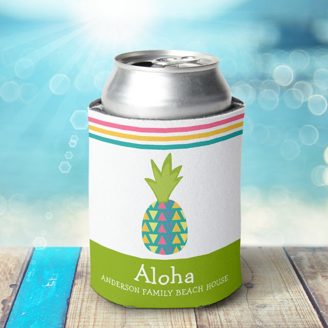 Tropical Pineapple Aloha Beach House Luau Green Can Cooler (Creator Uploaded)