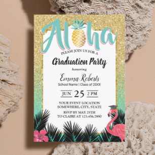 Tropical Pineapple Aloha Gold Glitter Graduation Invitation