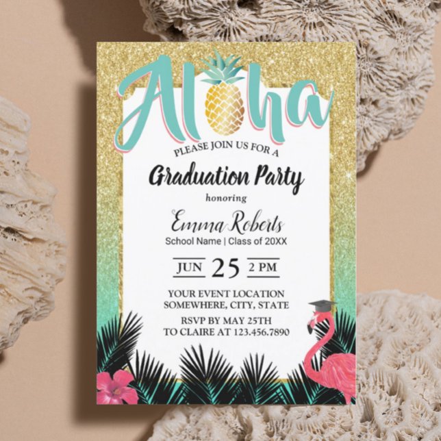 Tropical Pineapple Aloha Gold Glitter Graduation Invitation (Creator Uploaded)