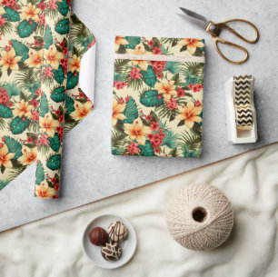 Tropical Pineapple and Hibiscus Pattern on Beige Wrapping Paper