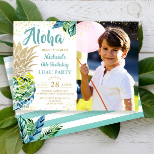 Tropical Pineapple Beach Luau Birthday Photo Invitation