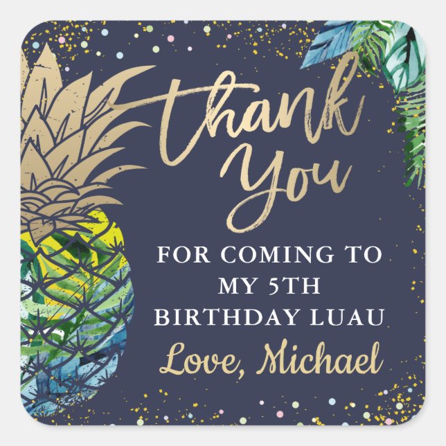 Tropical Pineapple Beach Party Navy Blue Thank You Square Sticker (Front)