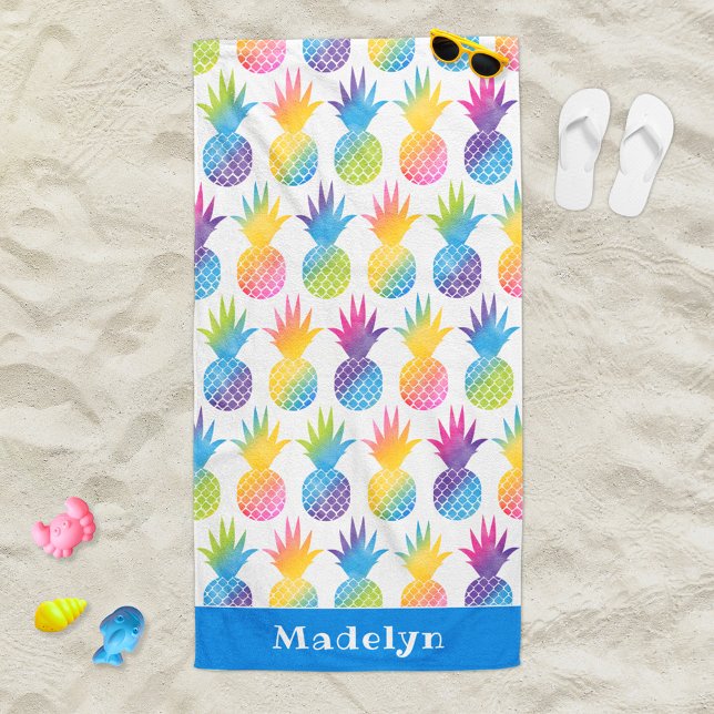 Tropical Pineapple Blue Watercolor Custom Name Beach Towel (Creator Uploaded)