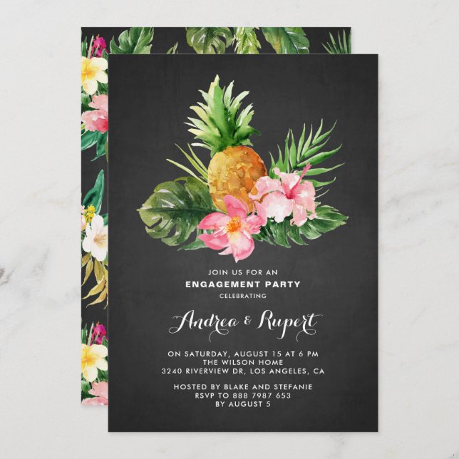 Tropical Pineapple Chalkboard Engagement Party Invitation (Front/Back)