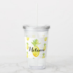 Tropical Pineapple Confetti Pattern Name Acrylic Tumbler