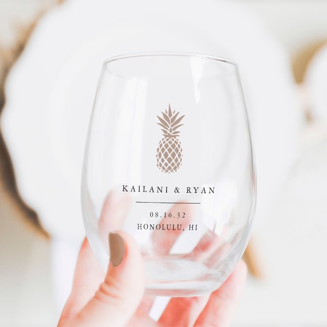 Tropical Pineapple Destination Wedding Favour Stemless Wine Glass (Creator Uploaded)