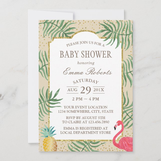 Tropical Pineapple & Flamingo Beach Baby Shower Invitation (Front)